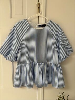 Pomander Place by Tuckernuck Light Blue & White Striped Peplum Blouse